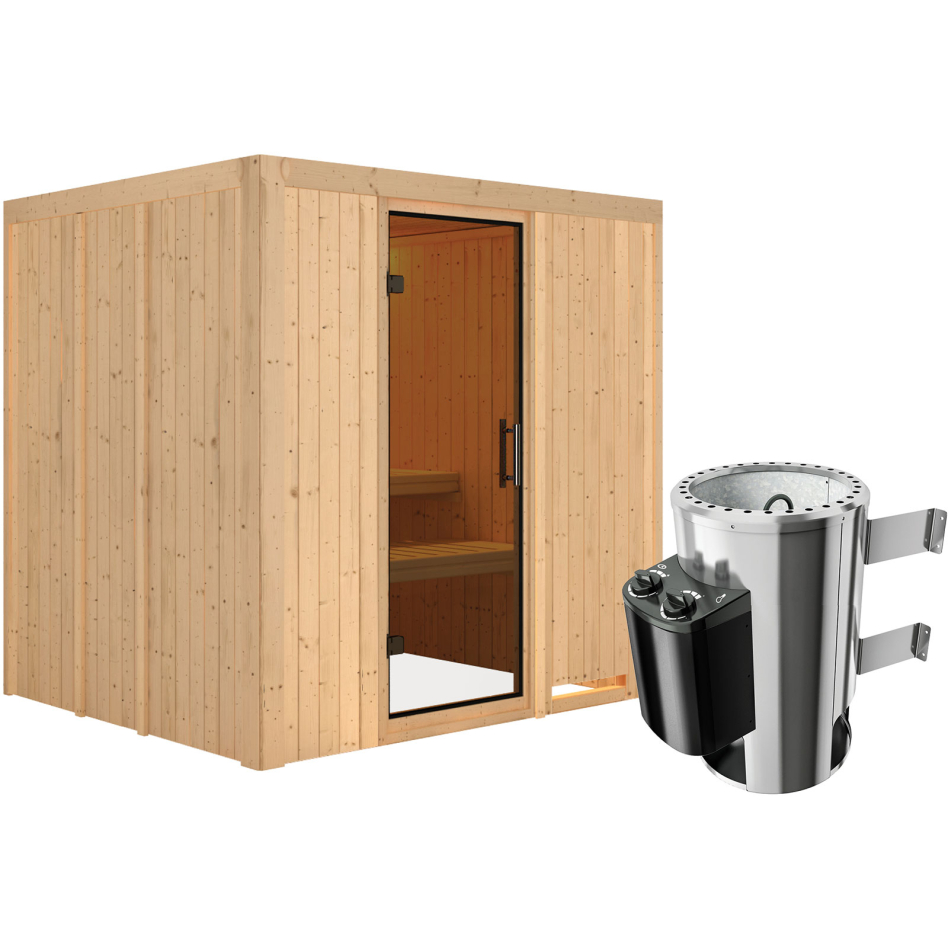 Sauna Karibu Daria, 3,6 kW Ofen, Plug&Play int. Steuerung, graphit,Porte tout verre,sans corniche