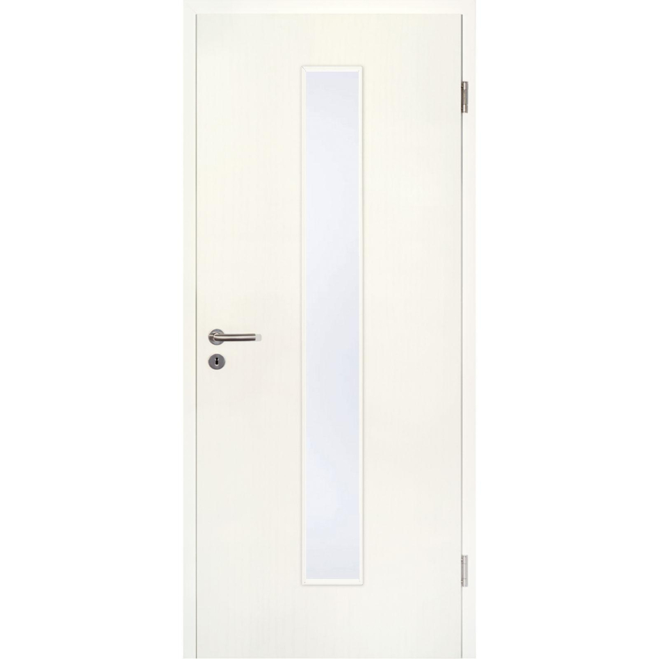 Kilsgaard Zimmertür mit Lichtausschnitt/Glas schmal mittig Esche weiß Lamikor Typ 43/LA05 Rundkante, DIN Rechts, 860x1985 mm,Satinato (ESG)