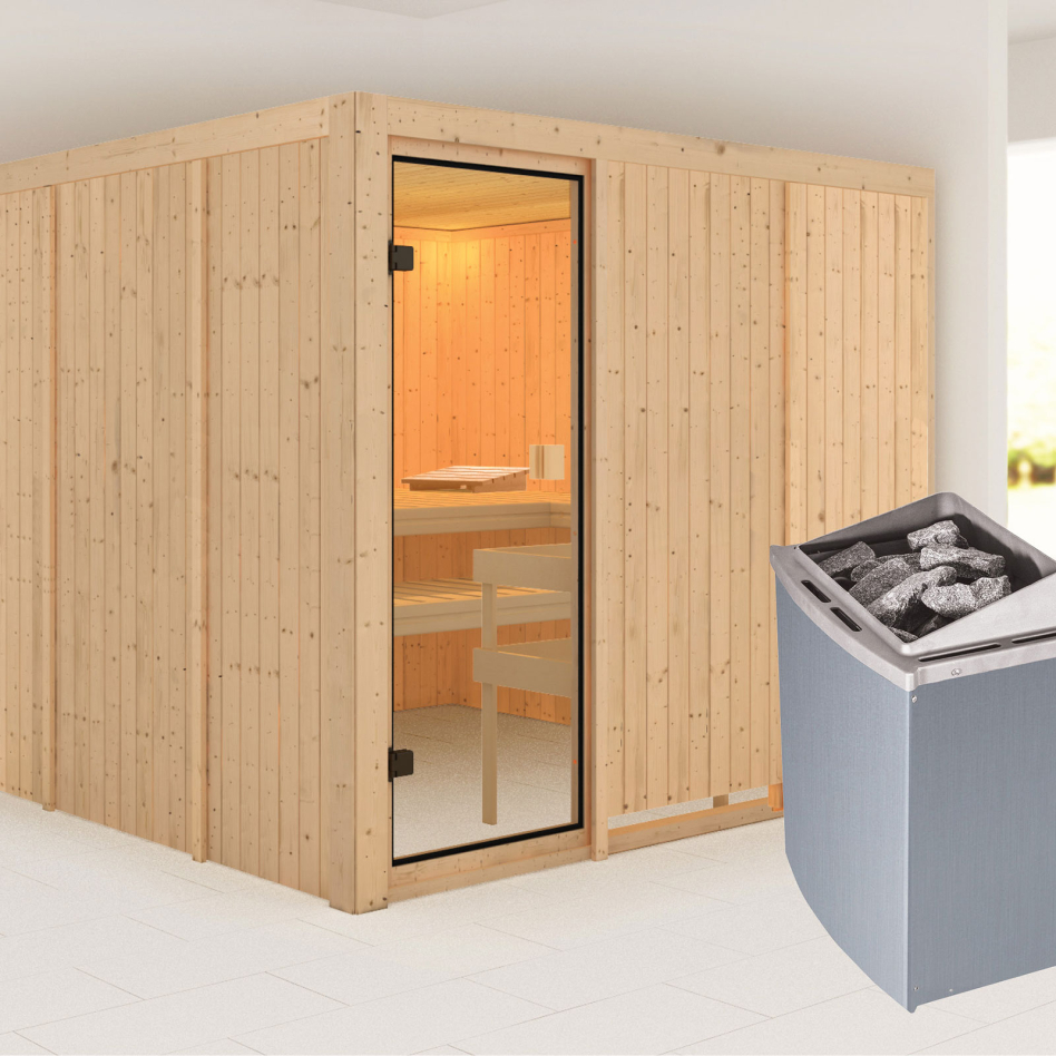 Sauna Karibu Woodfeeling Arvika, 9 kW cmd intégrée
