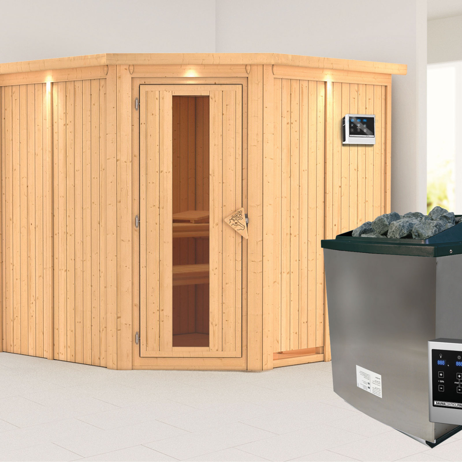 Karibu Sauna Jarin, 9 kW cmd ext. Easy Finnisch, avec costière de toiture,Porte en bois avec vitrage isolant,vitrage claire