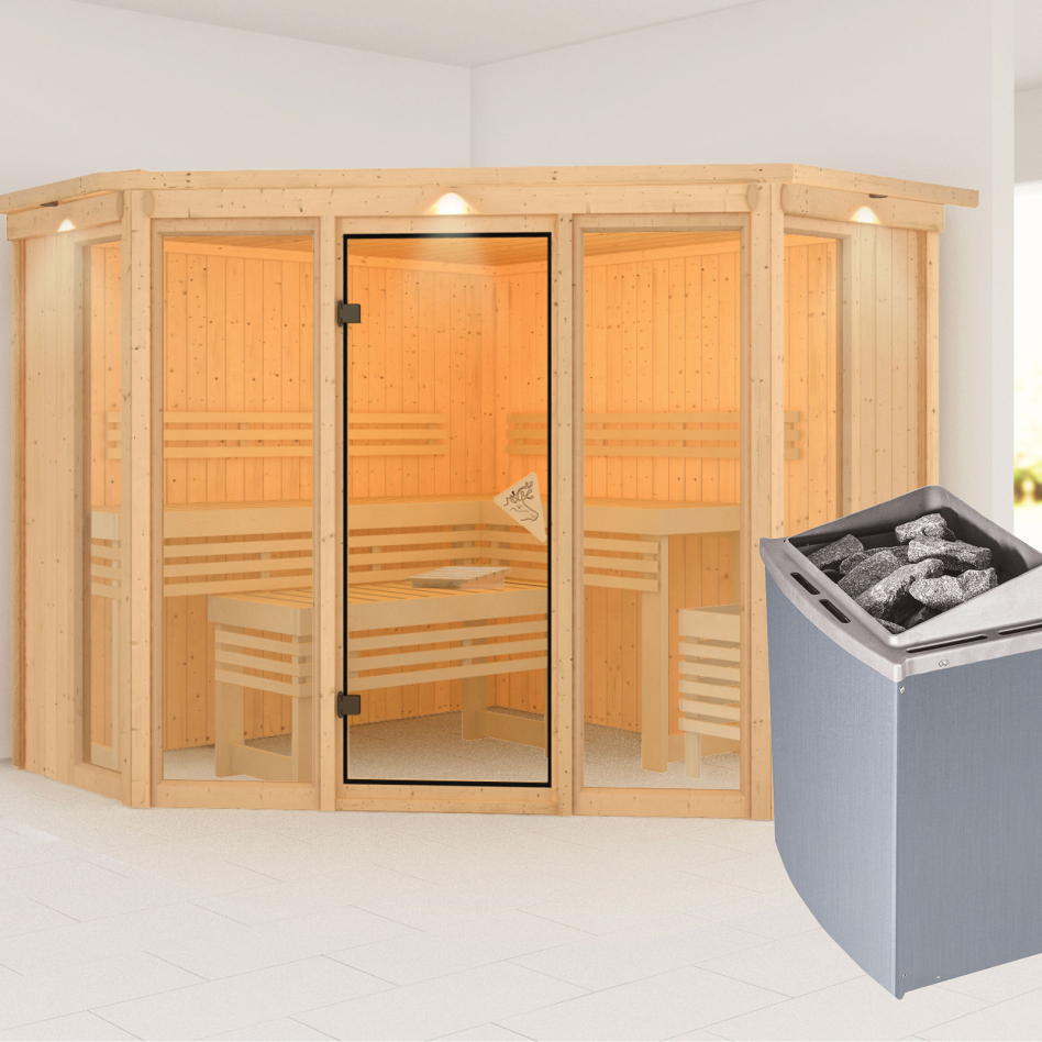 Sauna Karibu Alcinda, 9 kW cmd intégrée, avec costière de toiture