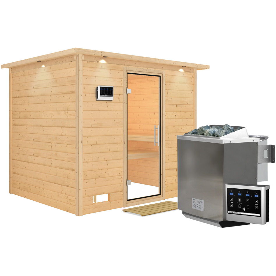 Karibu Sauna Sonara, 9 kW cmd ext. Easy Bio, avec costière de toiture,Porte tout verre,vitrage claire