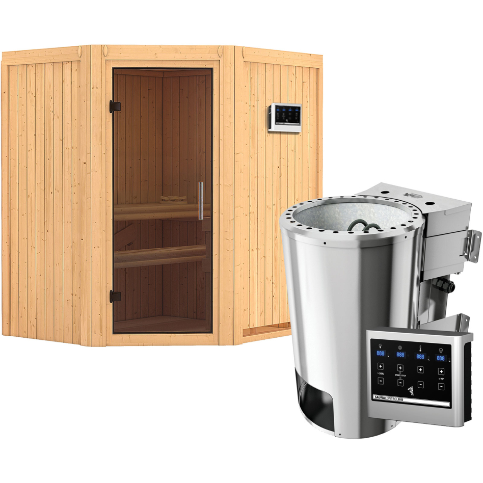 Karibu Sauna Tonja, Easy Bio 3,6 kW Ofen, graphit,Porte tout verre,sans corniche