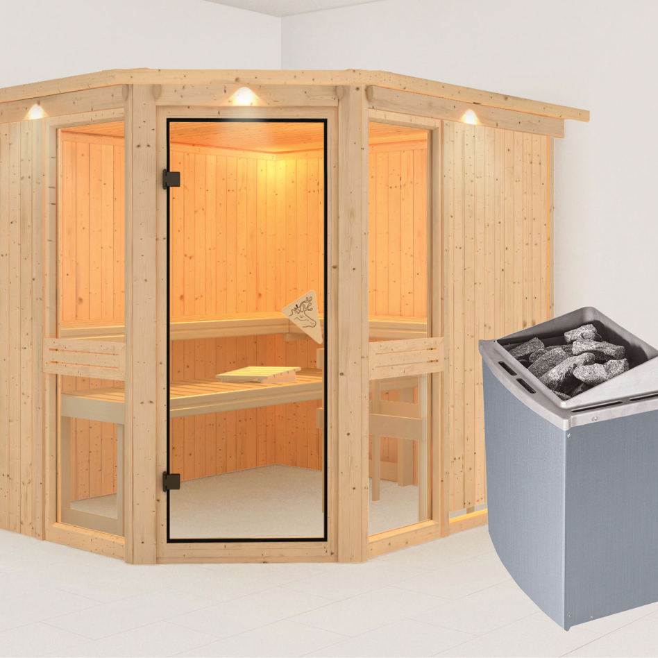 Sauna Karibu Amelia 3, 9 kW cmd intégrée, avec costière de toiture