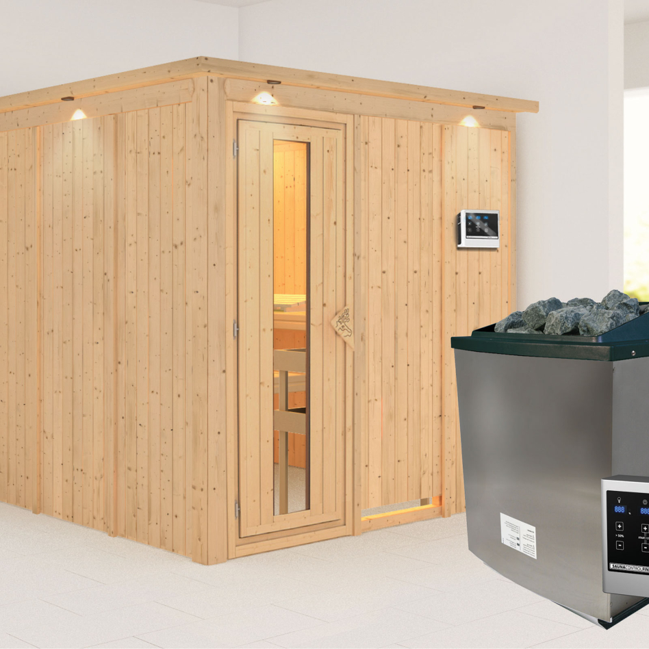 Karibu Sauna Rodin, 9 kW cmd ext. Easy Finnisch, avec costière de toiture,Porte en bois avec vitrage isolant,vitrage claire