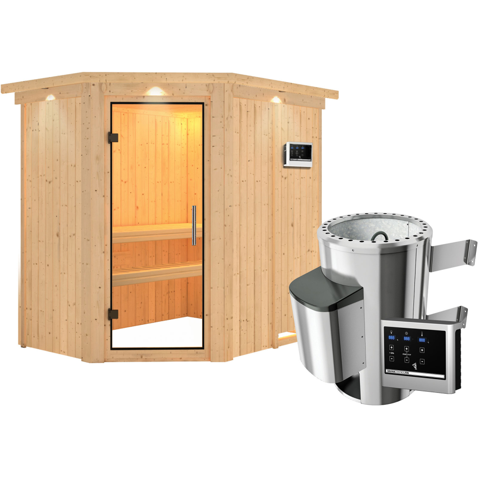 Sauna Karibu Saja, Easy Finnisch 3,6 kW Ofen, avec costière de toiture,Porte tout verre,vitrage claire