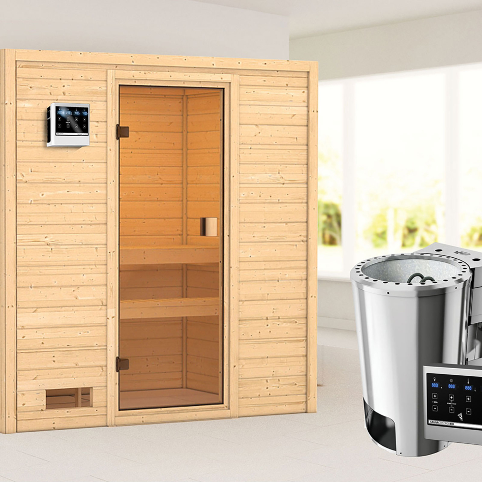 Sauna Karibu Woodfeeling Selena, Easy Bio 3,6 kW Ofen, sans corniche