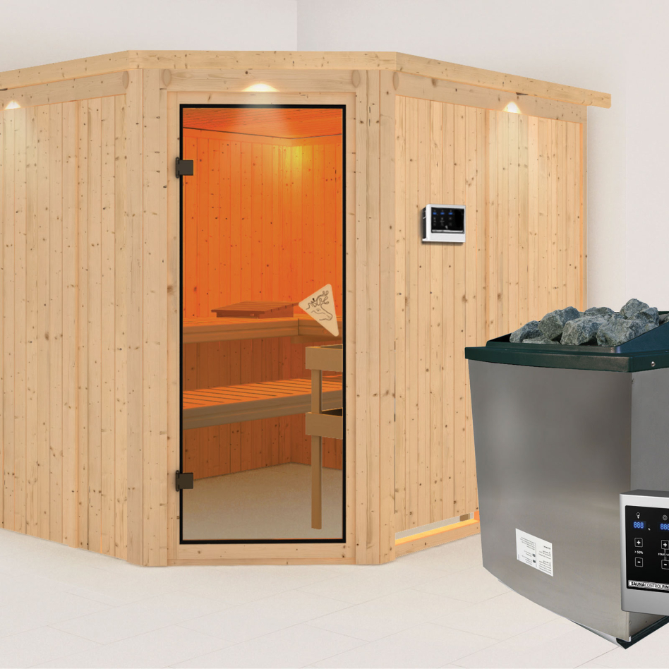 Karibu Sauna Malin, 9 kW cmd ext. Easy Finnisch, avec costière de toiture,bronzé,Porte tout verre