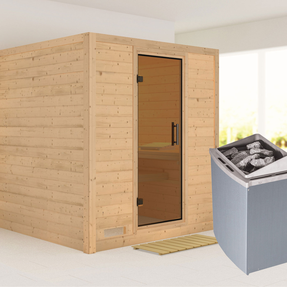 Karibu Sauna Mojave, 9 kW cmd intégrée, graphit,Porte tout verre,sans corniche