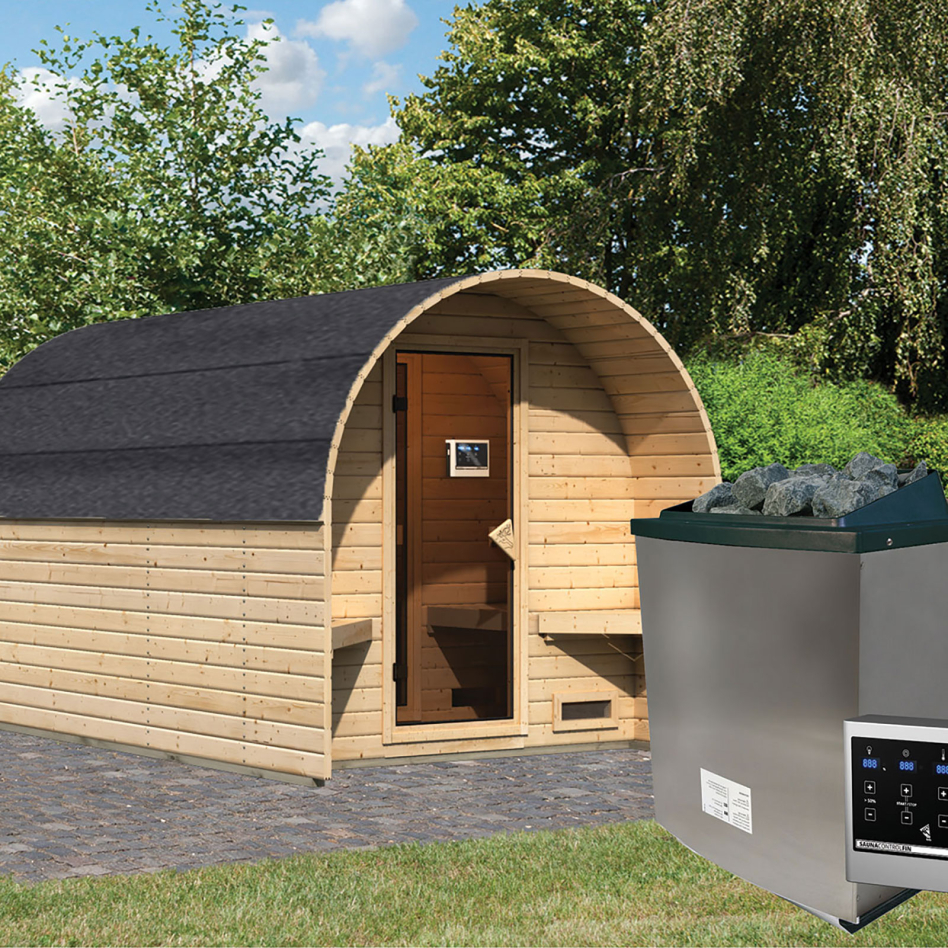 Maison sauna tonneau Karibu 3 naturelle, 9 kW cmd ext. Easy Finnisch
