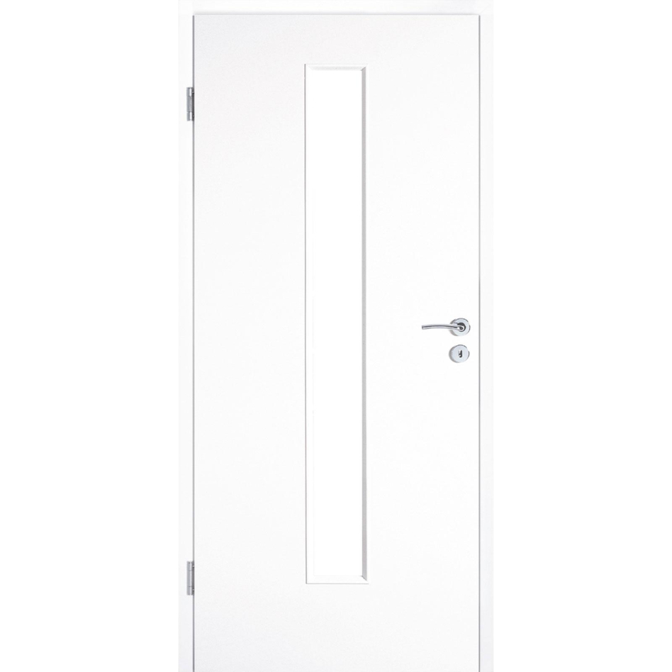 Kilsgaard Zimmertür mit Lichtausschnitt/Glas schmal mittig Weiß lackiert Lamikor Typ 43/LA05 Rundkante, DIN Links, 735x2110 mm,ohne Verglasung