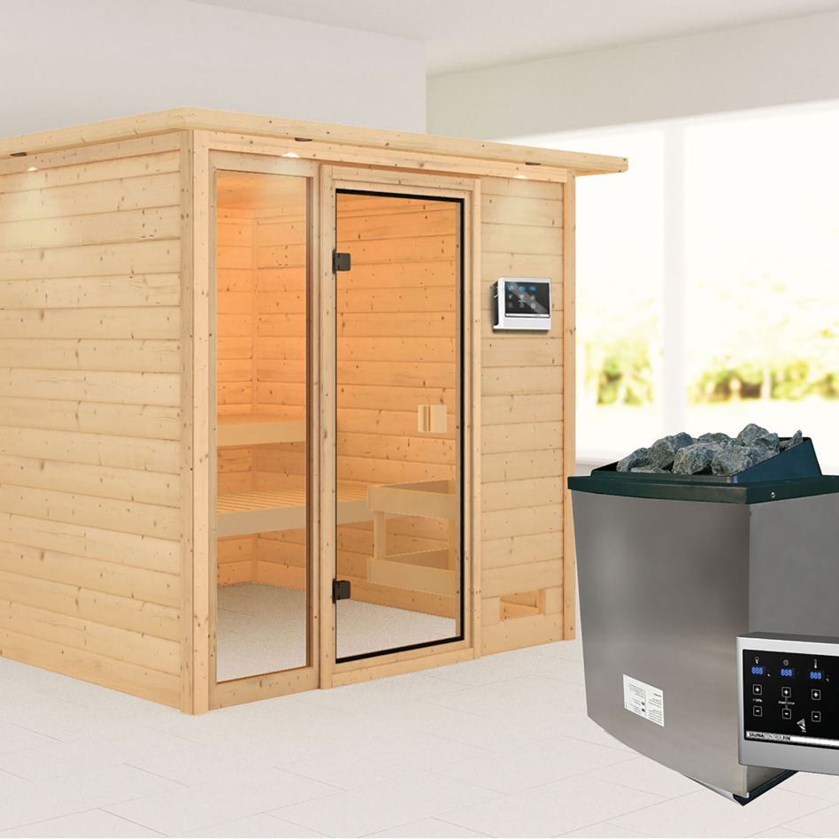 Sauna Karibu Woodfeeling Jutta, 9 kW cmd ext. Easy Finnisch, avec costière de toiture