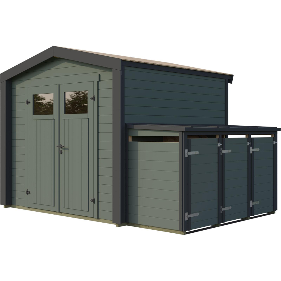 weka Gartenhaus Killarney Graugrün-Anthrazit inkl. 3er Mülltonnenbox, Nein, 1/4 verglast,235x235 cm