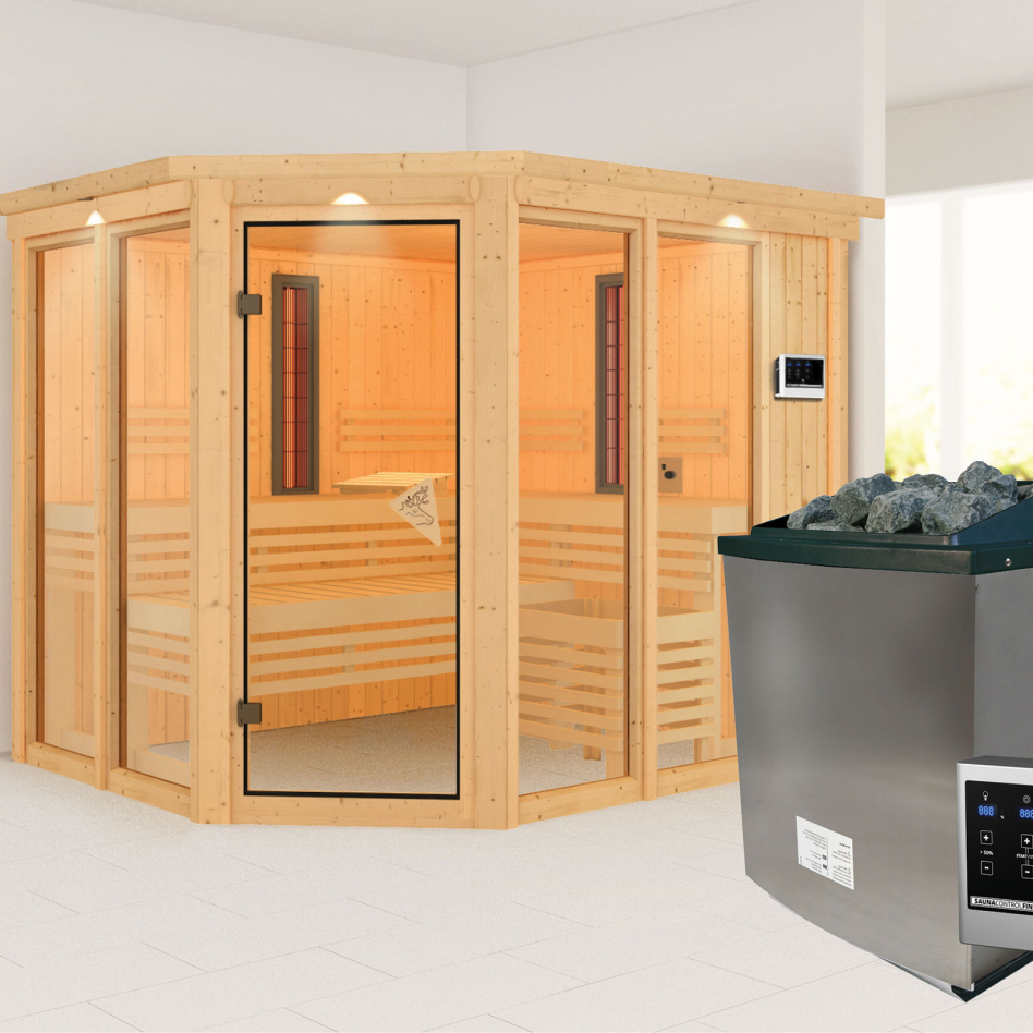 Sauna IR multifonctions Karibu Ava, 9 kW cmd ext. Easy Finnisch, avec costière de toiture