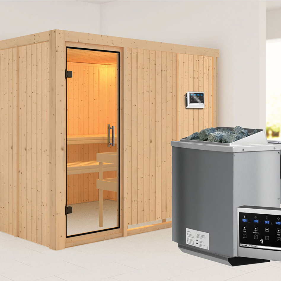 Karibu Sauna Gobin, 9 kW cmd ext. Easy Bio, Porte tout verre,sans corniche,vitrage claire