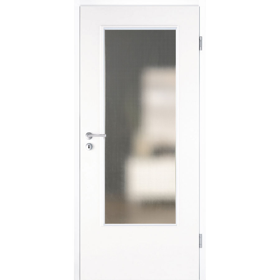 Kilsgaard Zimmertür mit Glas weiß Typ 42/LA lackiert Zimmertür hell ähnlich RAL 9010, DIN Rechts, 735x2110 mm,Mastercarré (ESG),runde Kante Image