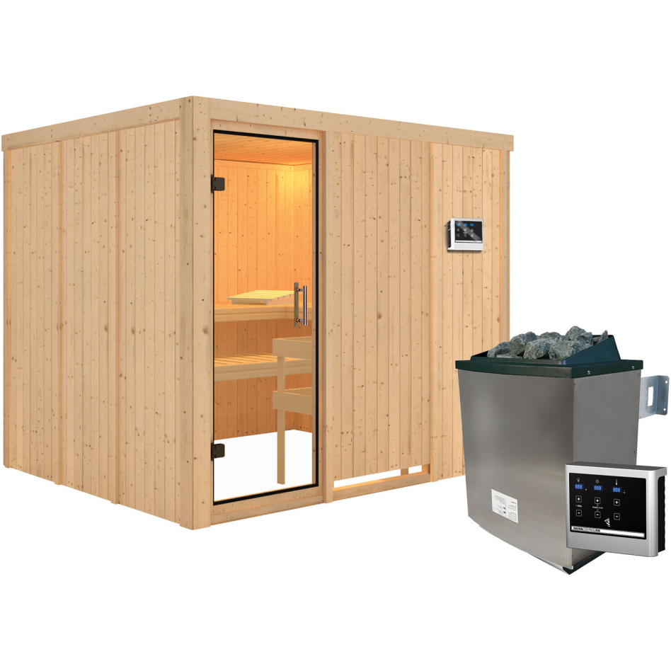 Karibu Sauna Gobin, 9 kW cmd ext. Easy Finnisch, Porte tout verre,sans corniche,vitrage claire