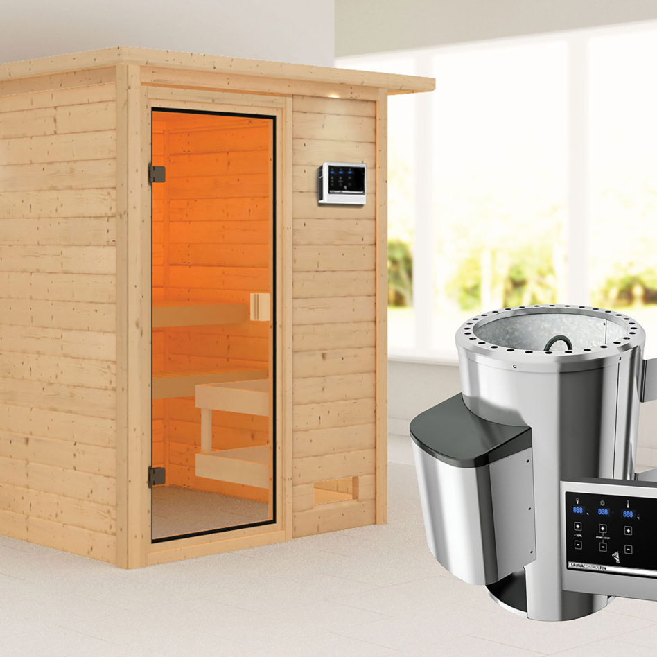 Sauna Karibu Woodfeeling Sandra, Easy Finnisch 3,6 kW Ofen, avec costière de toiture