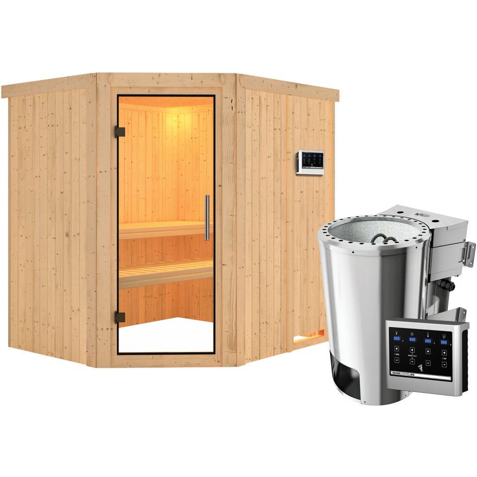 Sauna Karibu Lilja, Easy Bio 3,6 kW Ofen, Porte tout verre,sans corniche,vitrage claire
