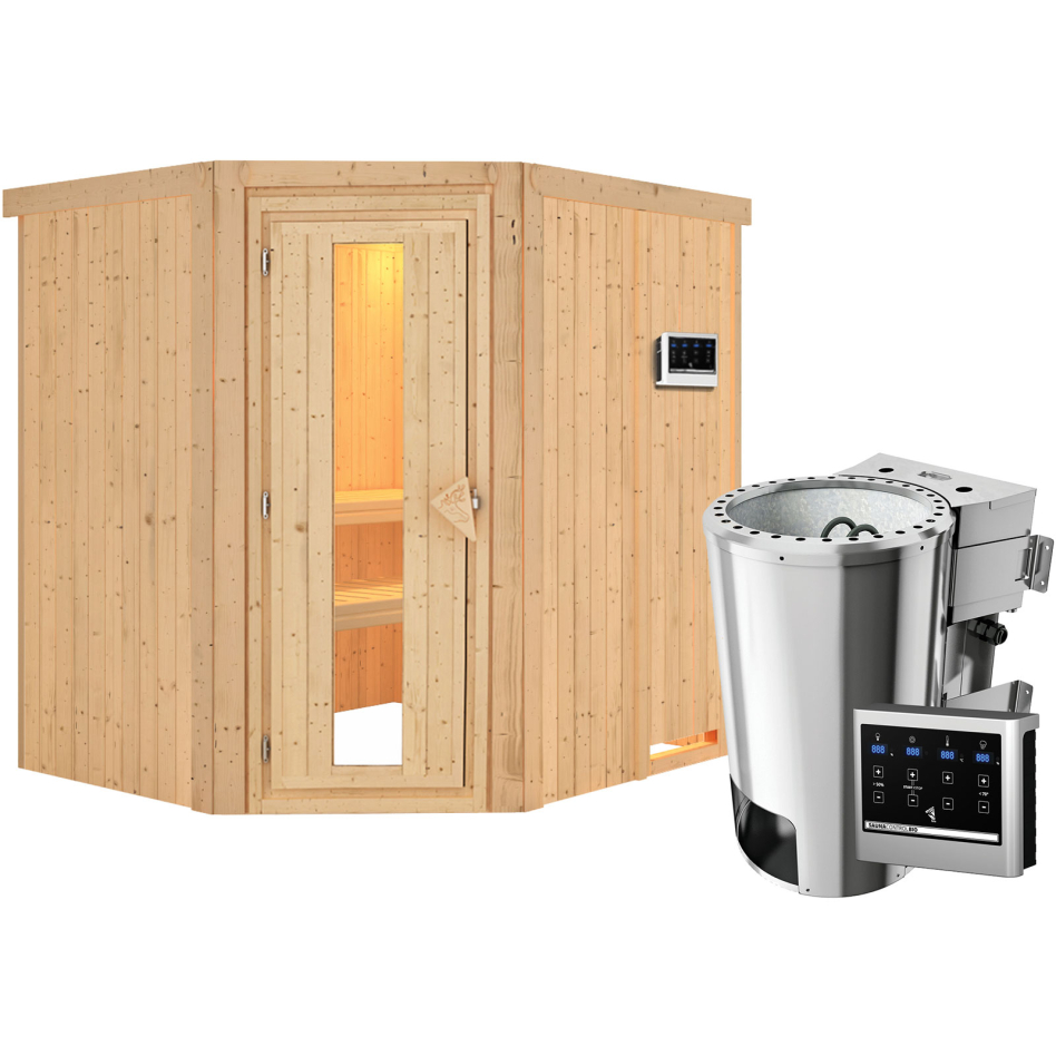 Sauna Karibu Lilja, Easy Bio 3,6 kW Ofen, Porte en bois avec vitrage isolant,sans corniche,vitrage claire
