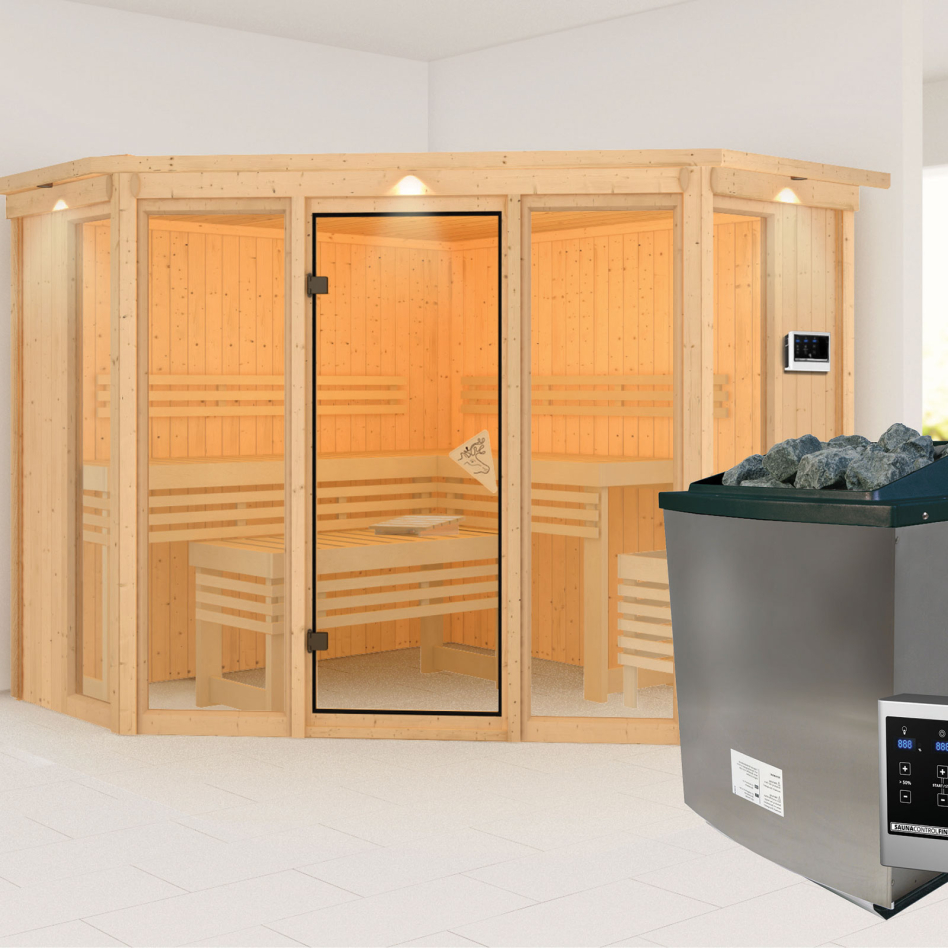 Sauna Karibu Alcinda, 9 kW cmd ext. Easy Finnisch, avec costière de toiture