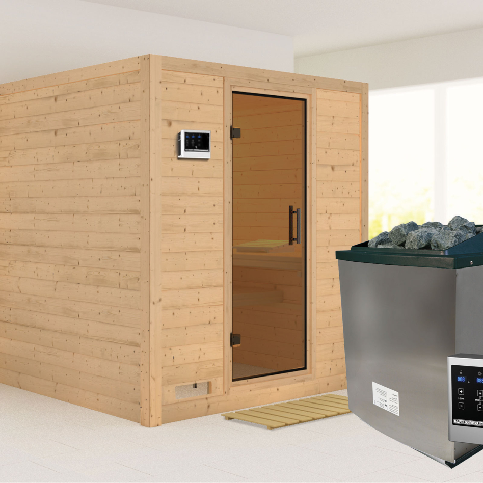 Karibu Sauna Mojave, 9 kW cmd ext. Easy Finnisch, graphit,Porte tout verre,sans corniche