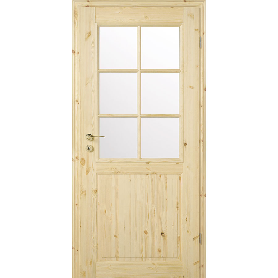 Kilsgaard Zimmertür Holz mit Glas Typ 02/SP6 - SP9 Kiefer unbehandelt, DIN Rechts, 985x2110 mm,ESG Gotik weiß (9 Sprossen)