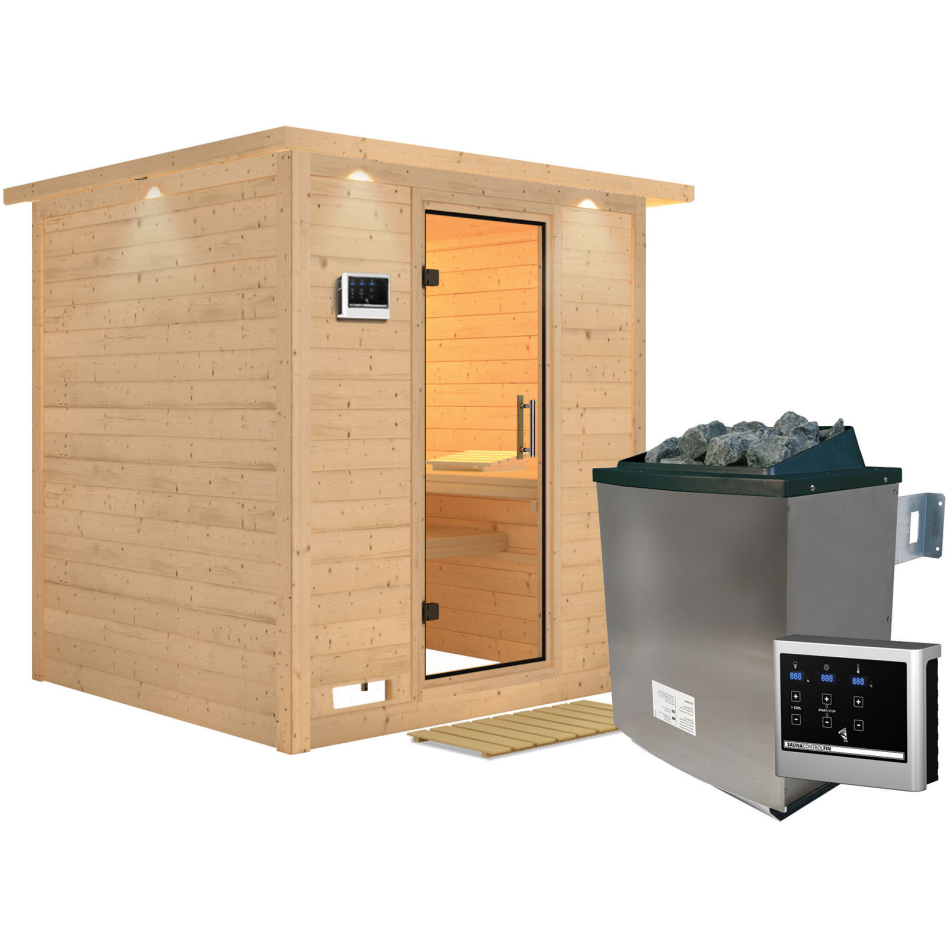 Karibu Sauna Mojave, 9 kW cmd ext. Easy Finnisch, avec costière de toiture,Porte tout verre,vitrage claire