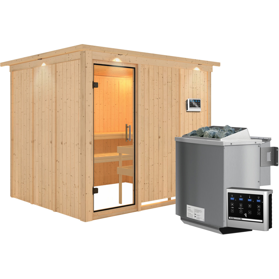 Karibu Sauna Gobin, 9 kW cmd ext. Easy Bio, avec costière de toiture,Porte tout verre,vitrage claire