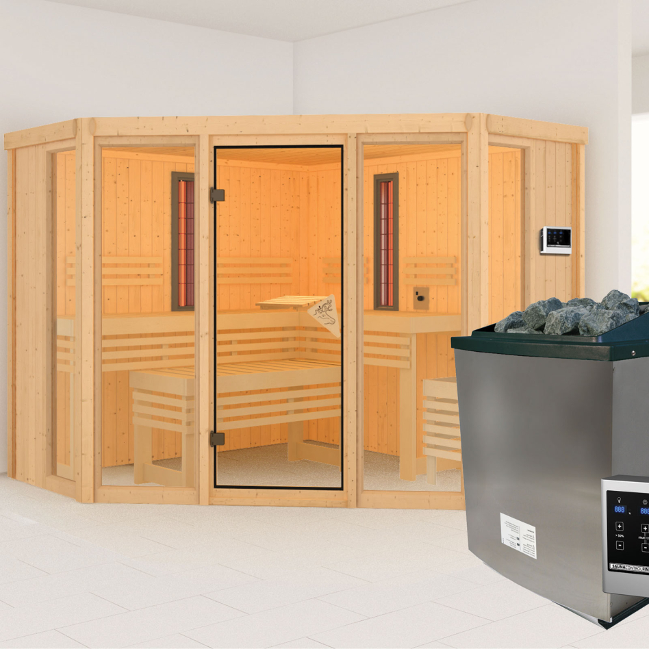Sauna IR multifonctions Karibu Asta, 9 kW cmd ext. Easy Finnisch, sans corniche