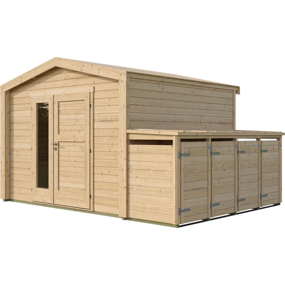 weka Gartenhaus Killarney Naturbelassen inkl. 4er Mülltonnenbox, Nein, 300x300 cm,links Vollglas, rechts Holzfüllung