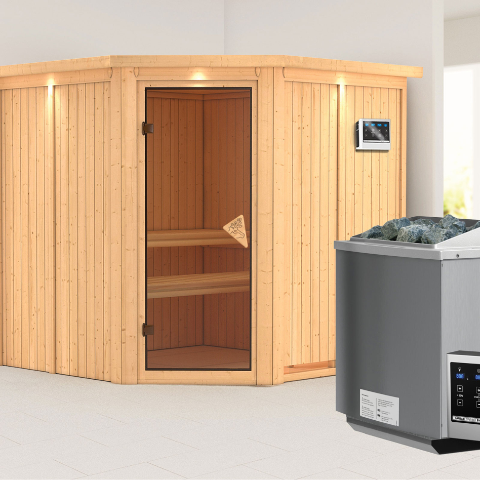 Karibu Sauna Jarin, 9 kW cmd ext. Easy Bio, avec costière de toiture,bronzé,Porte tout verre