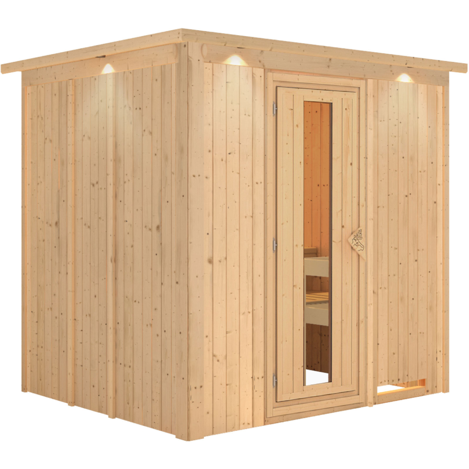 Sauna Karibu Daria, sans poêle, avec costière de toiture,Porte en bois avec vitrage isolant,vitrage claire