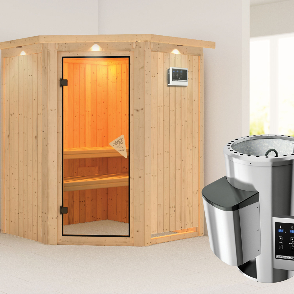 Karibu Sauna Nanja, Easy Finnisch 3,6 kW Ofen, avec costière de toiture,bronzé,Porte tout verre
