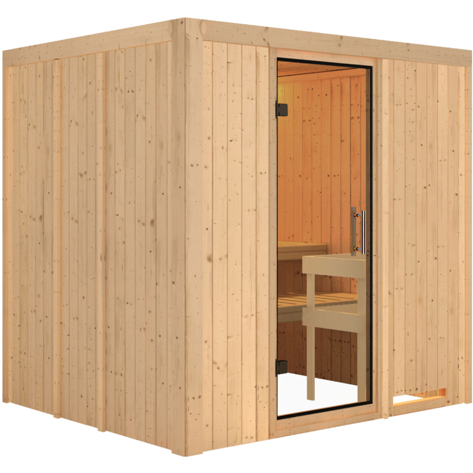 Sauna Karibu Daria, sans poêle, Porte tout verre,sans corniche,vitrage claire