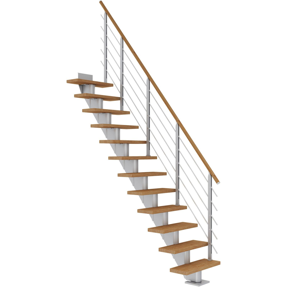 DOLLE Mittelholmtreppe Frankfurt, inkl. einseitigem Designgeländer, Design (perlgrau), 240 cm - 279 cm,65 cm,Eiche, geölt,Geradelaufend - weiß