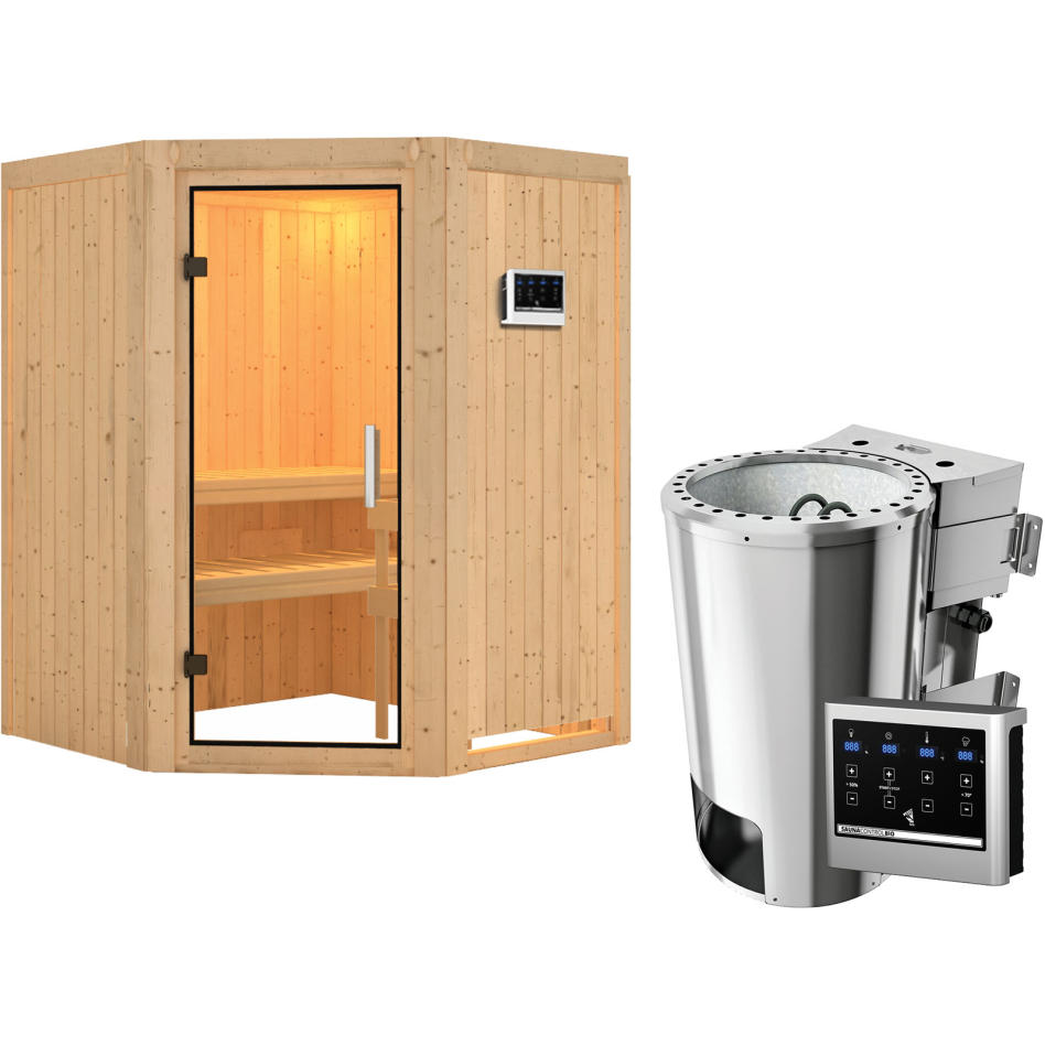 Karibu Sauna Nanja, Easy Bio 3,6 kW Ofen, Porte tout verre,sans corniche,vitrage claire