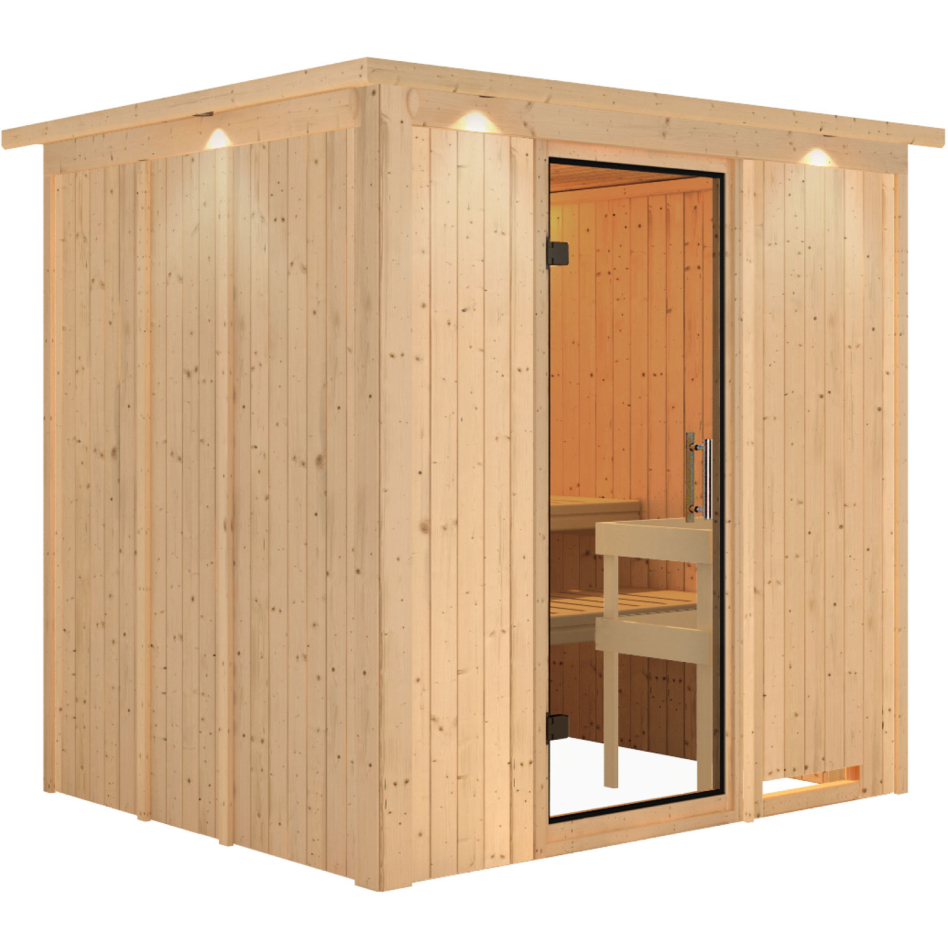Sauna Karibu Daria, sans poêle, avec costière de toiture,Porte tout verre,vitrage claire