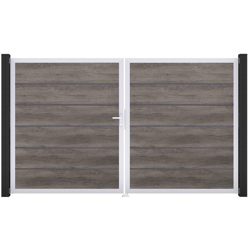 GroJa Doppeltor BasicLine Premium PVC-Steckzaun Monument Oak , DIN Links, Silber EV1