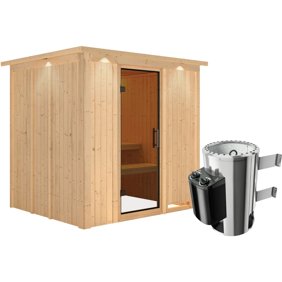 Sauna Karibu Daria, 3,6 kW Ofen, Plug&Play int. Steuerung, avec costière de toiture,graphit,Porte tout verre