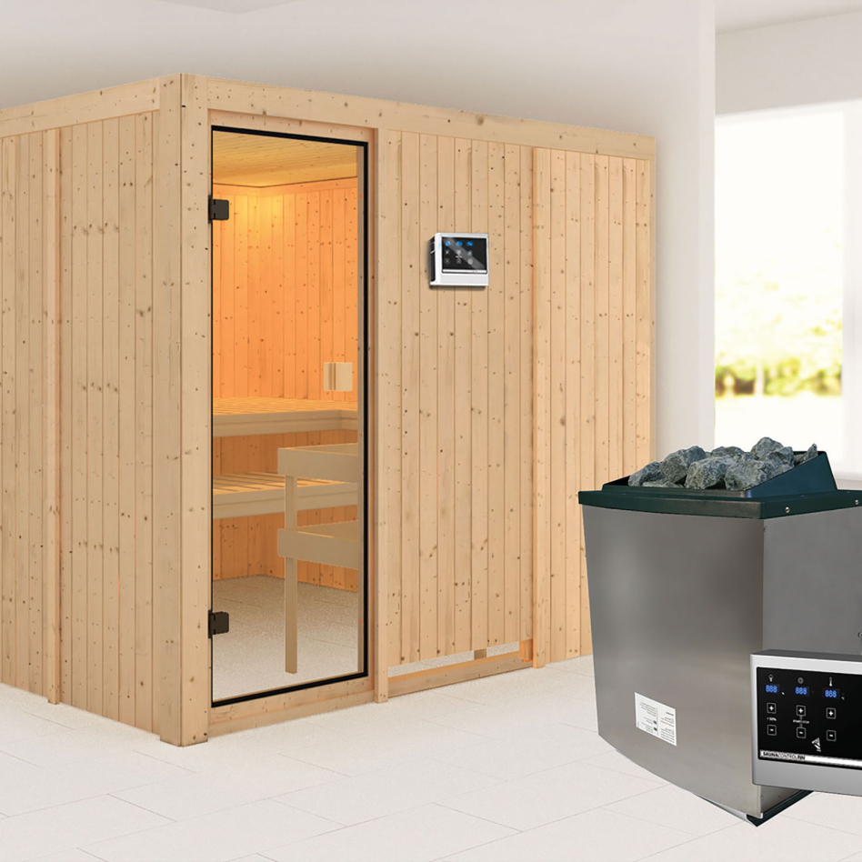 Sauna Karibu Woodfeeling Arvika, 9 kW cmd ext. Easy Finnisch