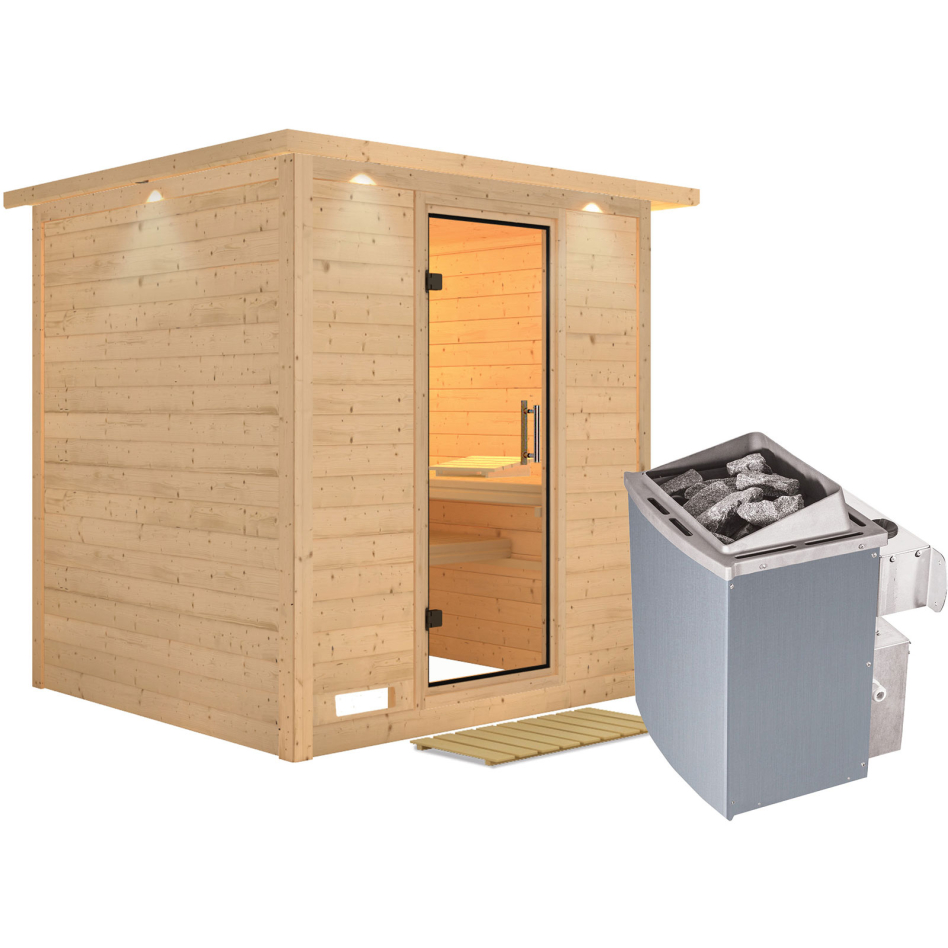 Karibu Sauna Mojave, 9 kW cmd intégrée, avec costière de toiture,Porte tout verre,vitrage claire