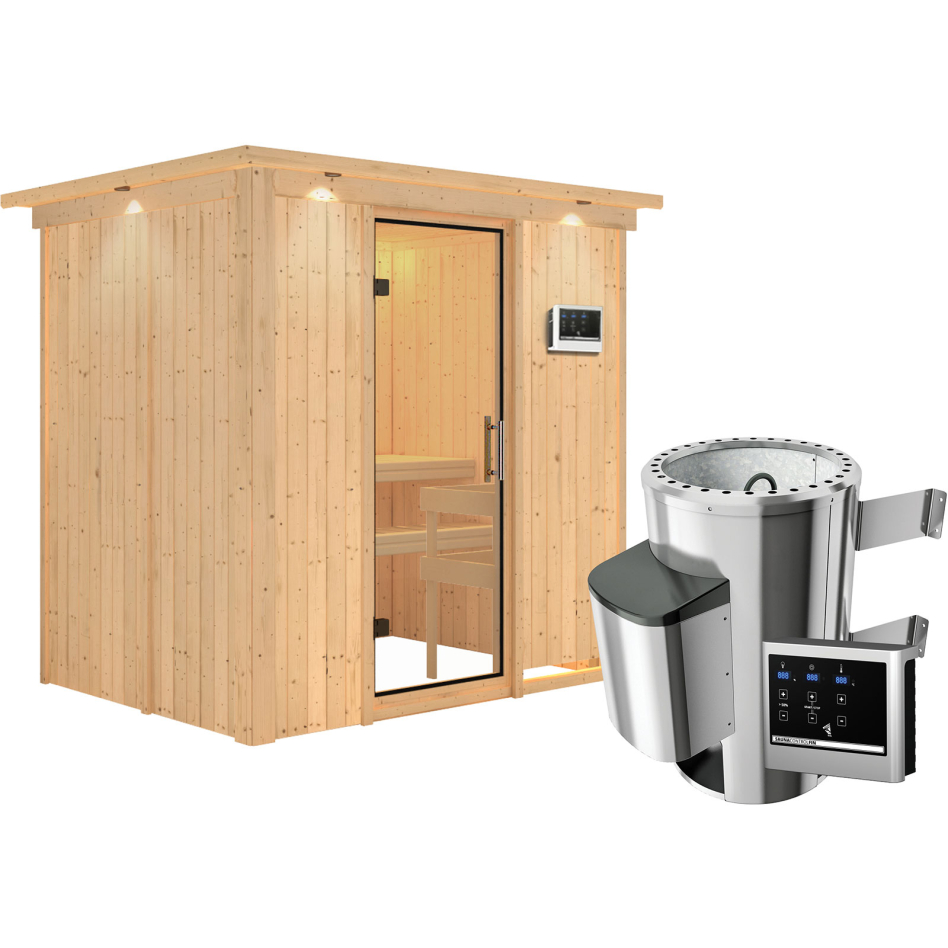 Karibu Sauna Fanja, Easy Finnisch 3,6 kW Ofen, avec costière de toiture,Porte tout verre,vitrage claire