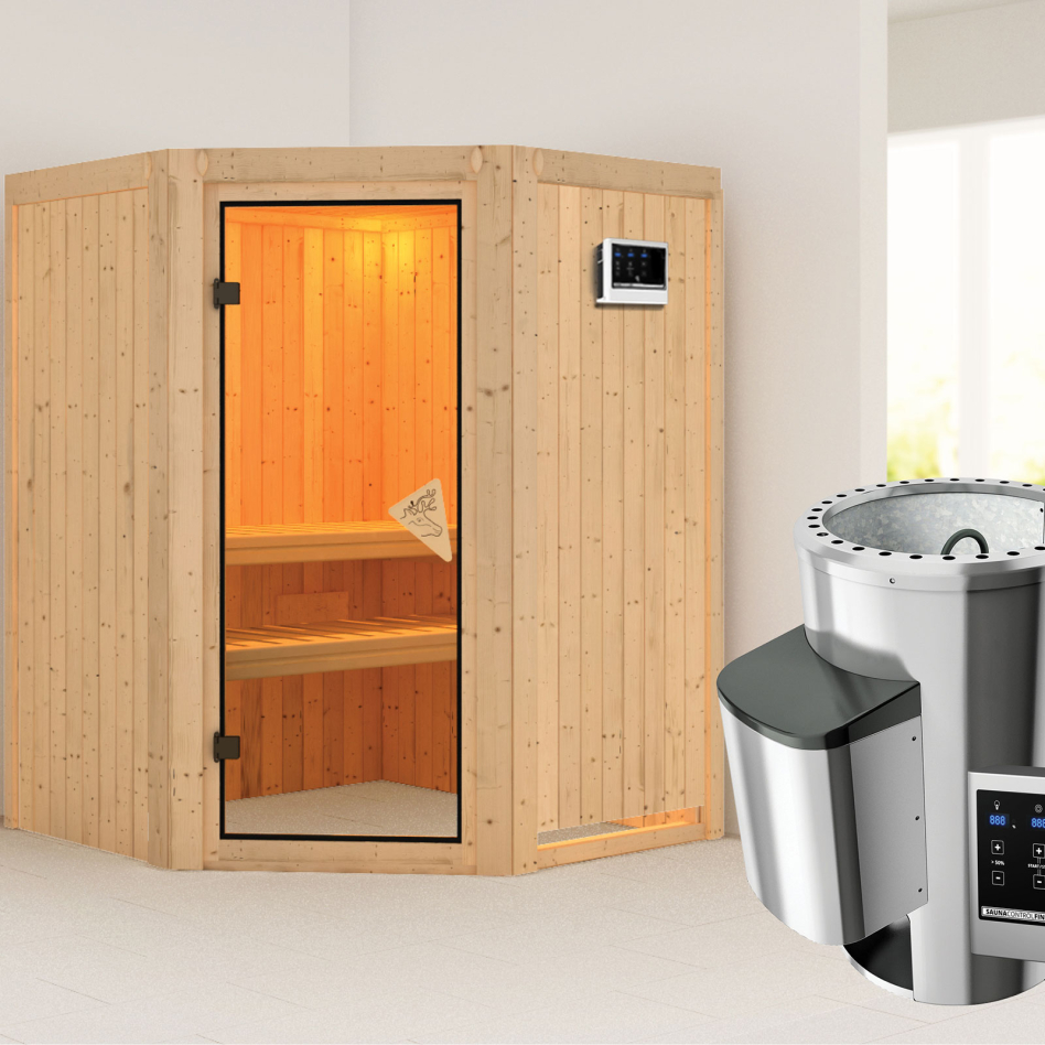 Karibu Sauna Nanja, Easy Finnisch 3,6 kW Ofen, bronzé,Porte tout verre,sans corniche