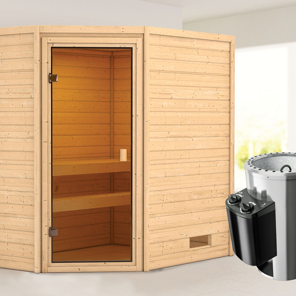 Sauna Karibu Woodfeeling Jella, 3,6 kW Ofen, Plug&Play int. Steuerung, sans corniche