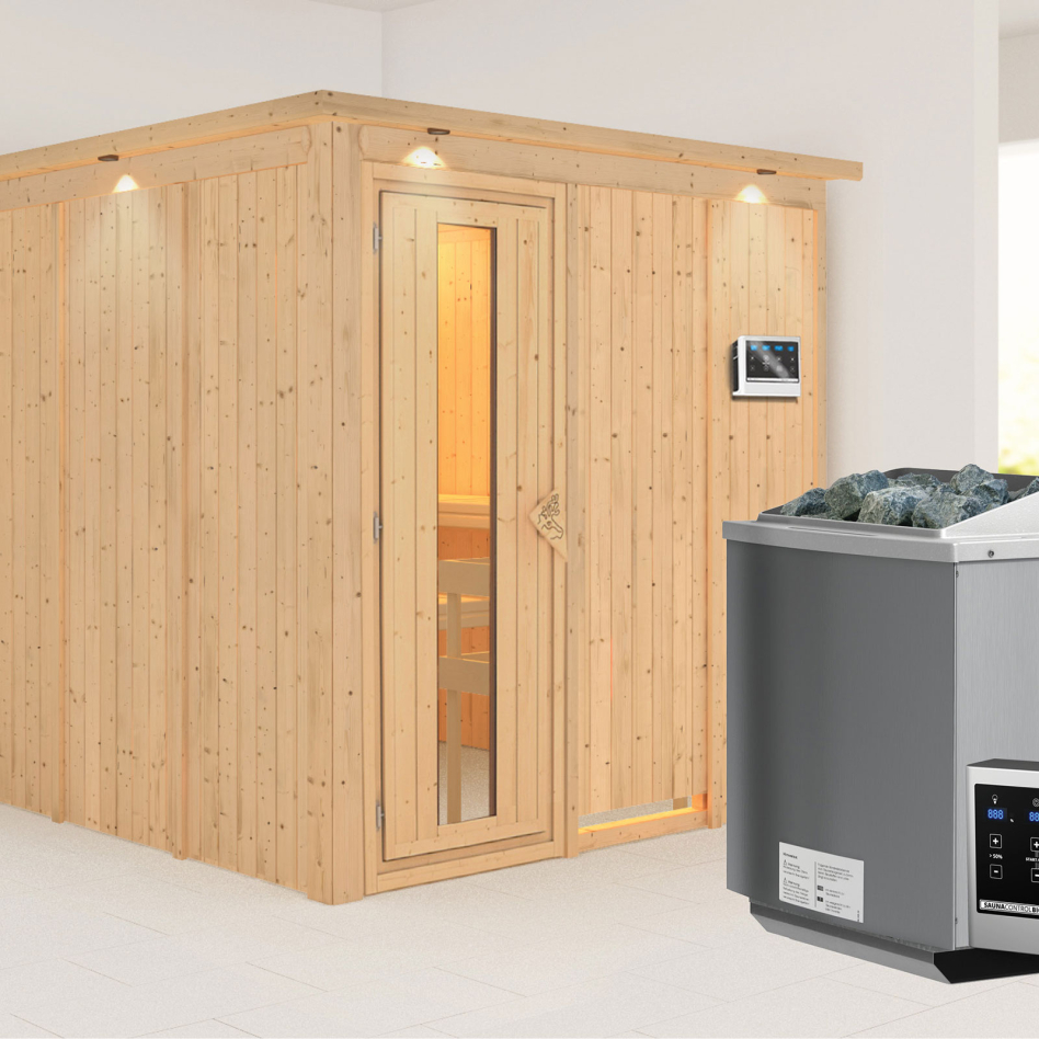 Karibu Sauna Rodin, 9 kW cmd ext. Easy Bio, avec costière de toiture,Porte en bois avec vitrage isolant,vitrage claire