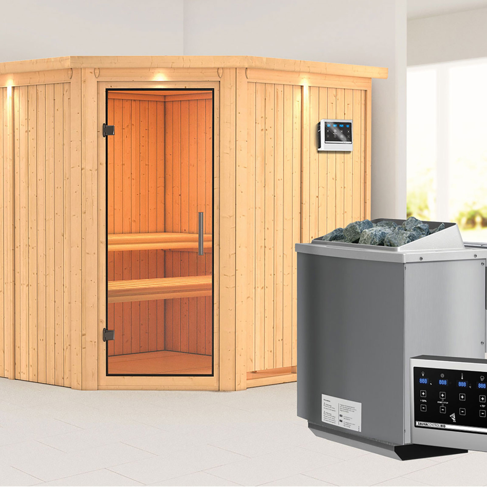Karibu Sauna Jarin, 9 kW cmd ext. Easy Bio, avec costière de toiture,Porte tout verre,vitrage claire