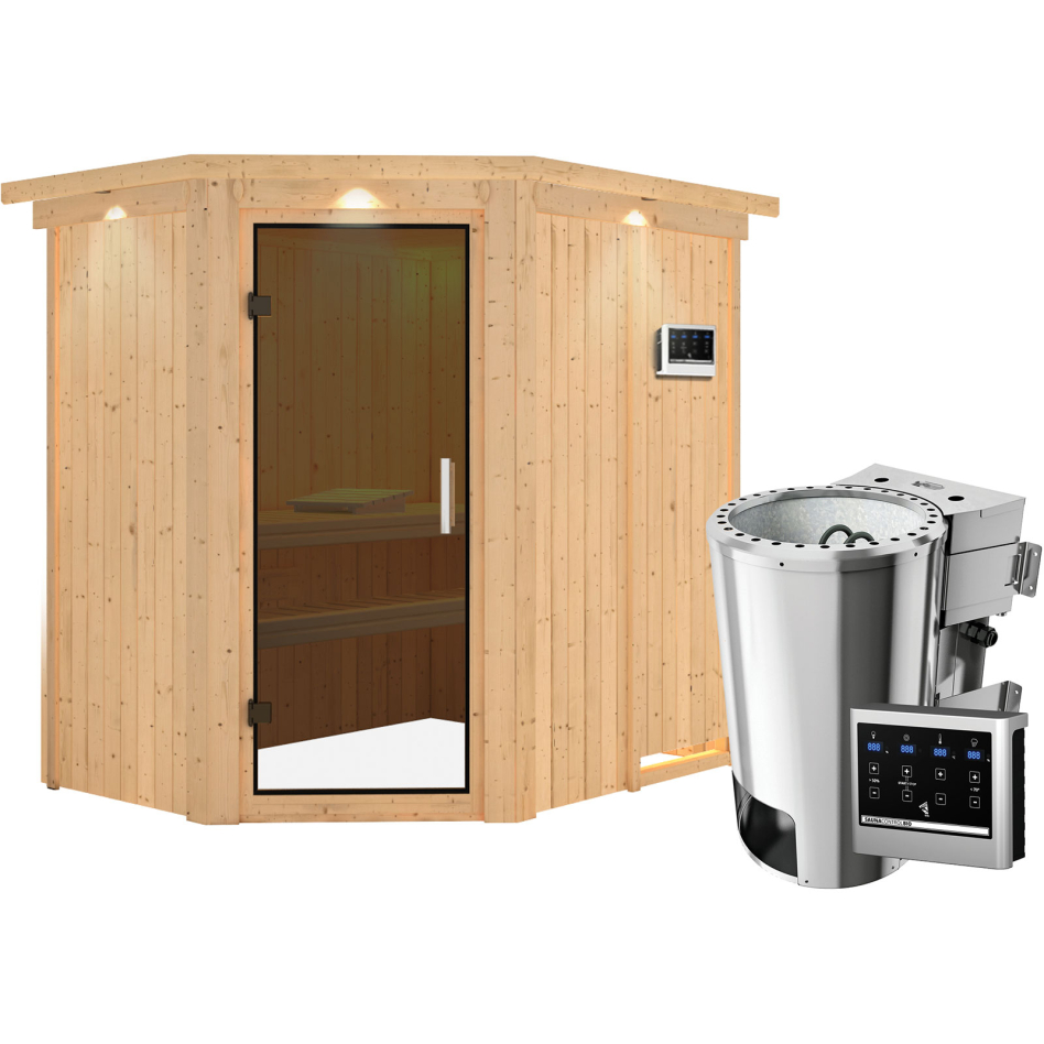 Sauna Karibu Saja, Easy Bio 3,6 kW Ofen, avec costière de toiture,graphit,Porte tout verre