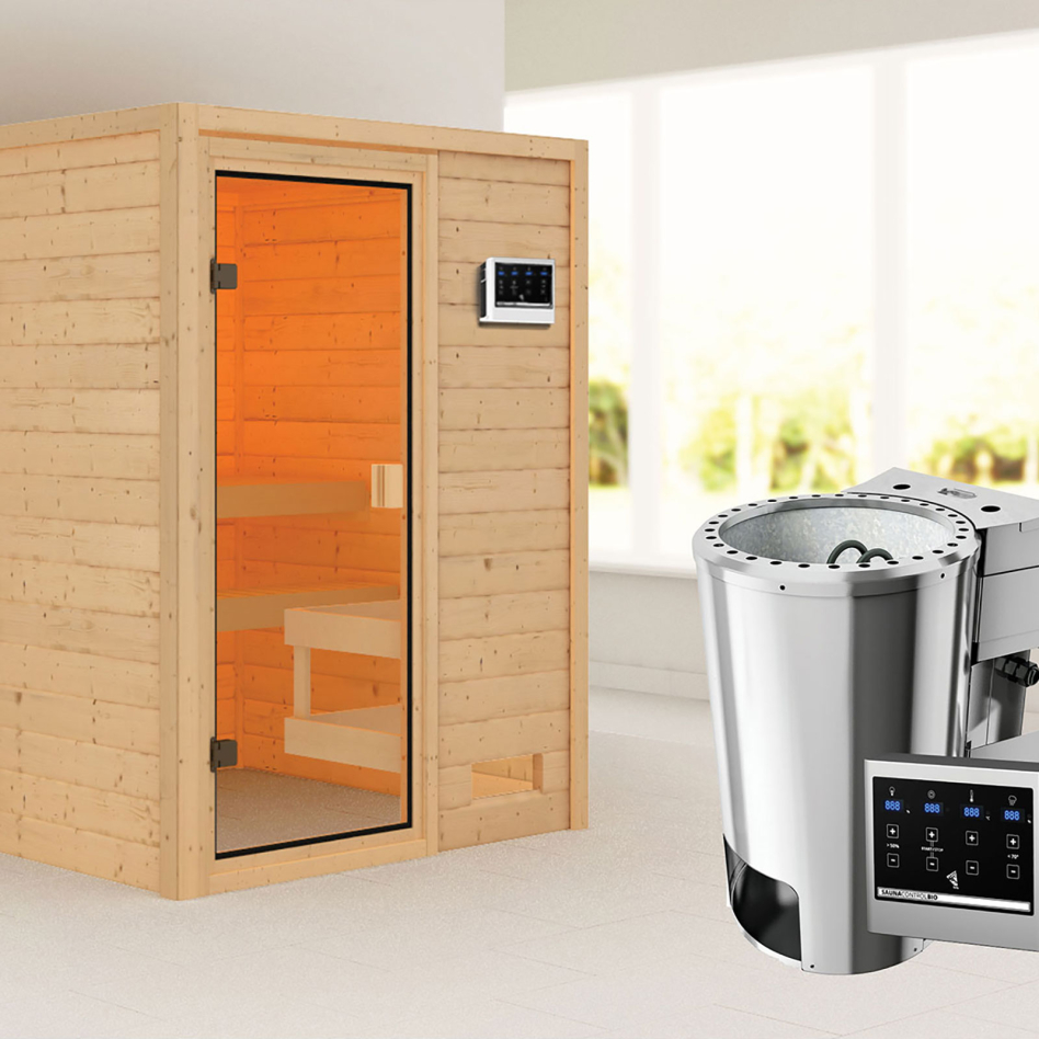 Sauna Karibu Woodfeeling Sandra, Easy Bio 3,6 kW Ofen, sans corniche