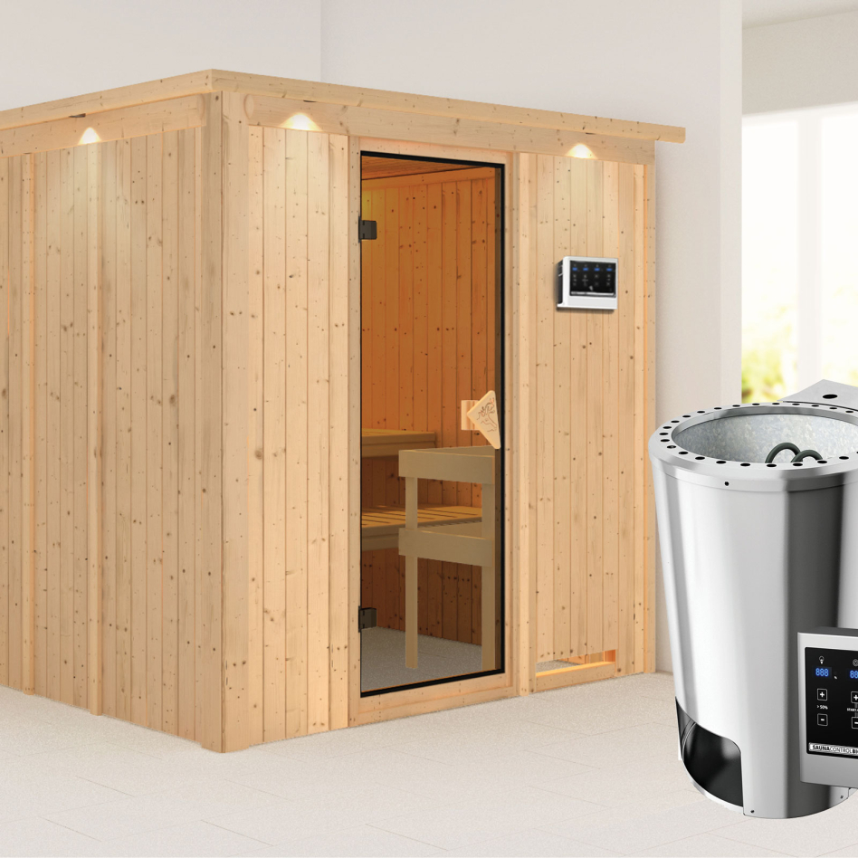 Sauna Karibu Daria, Easy Bio 3,6 kW Ofen, avec costière de toiture,bronzé,Porte tout verre